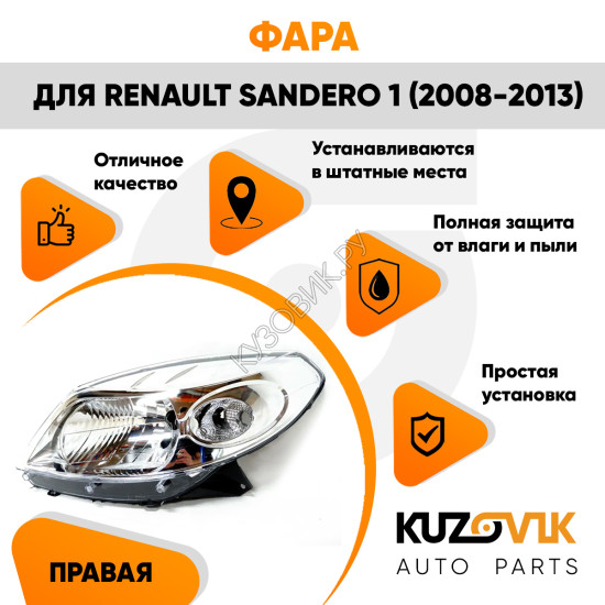 Фара правая хром Renault Sandero 1 (2008-2013) KUZOVIK